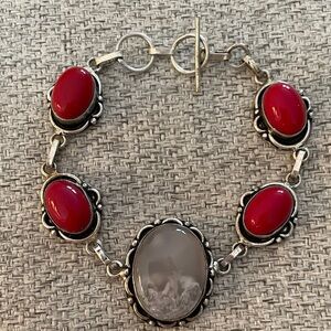 Sterling Silver, Rose Quartz, Red Coral Bracelet